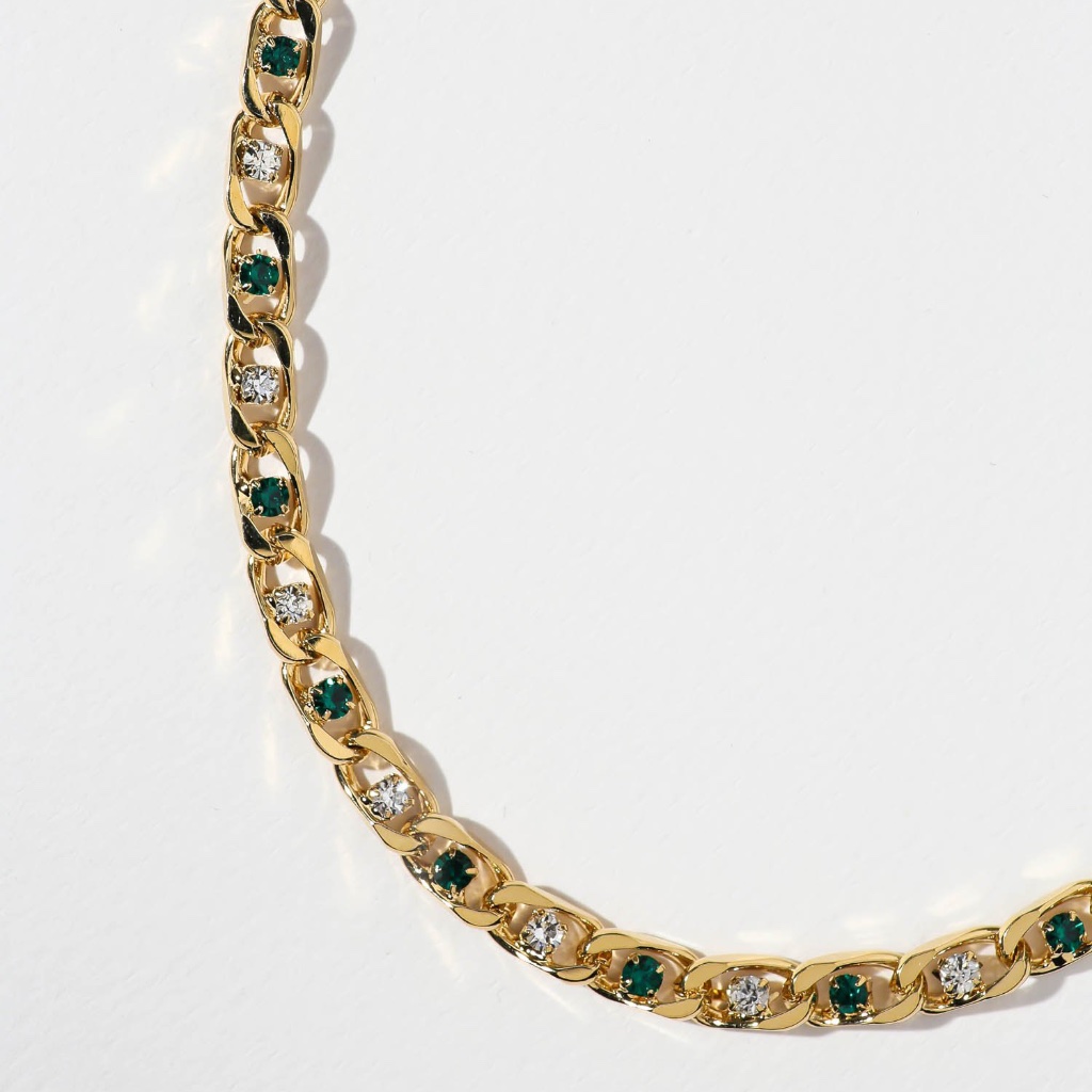 Gold Chain Necklace With Green And White Stones